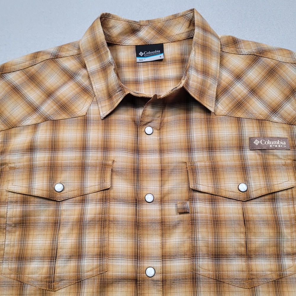 Columbia Saddle Point SS Western Shirt Tan Plaid Mens S XM9299-779